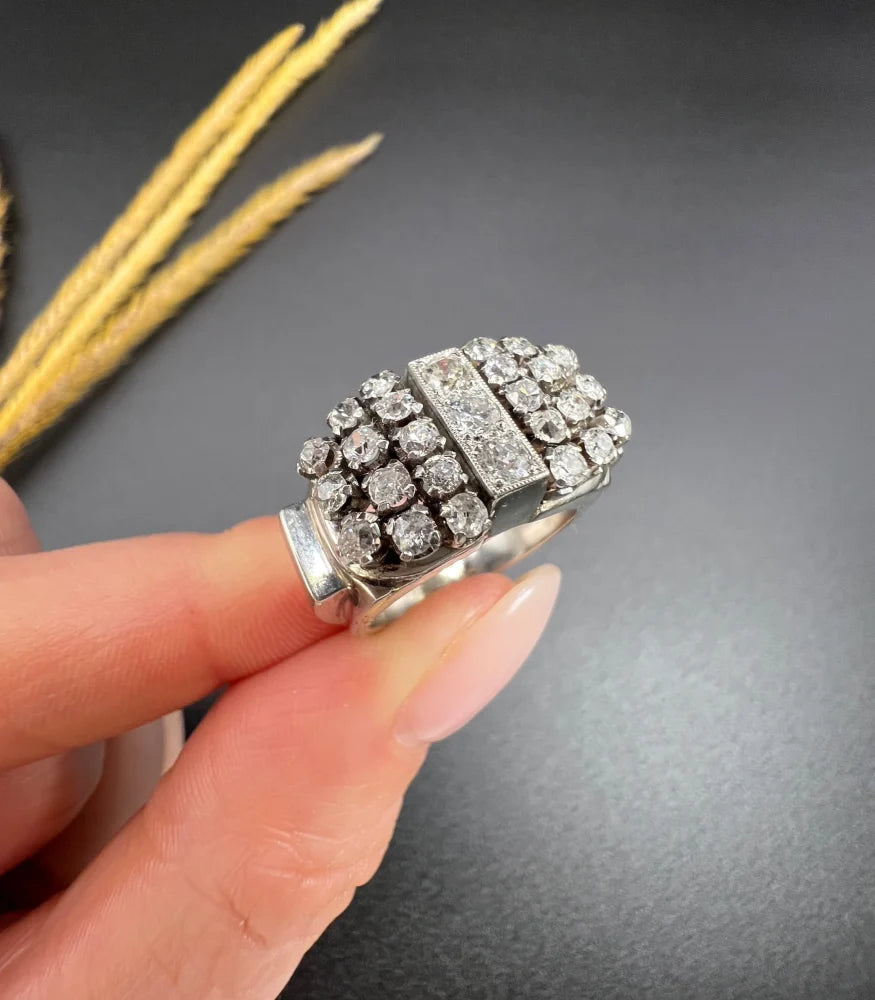 Vintage Diamond Cocktail Ring In 18 Carat White Gold