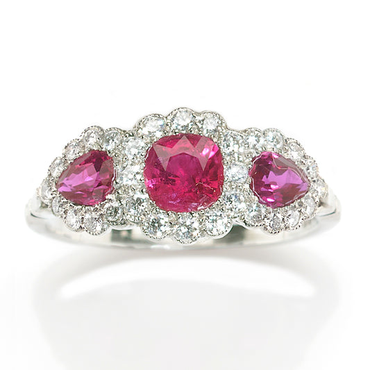 Platinum Ruby and Diamond Triple Cluster Ring