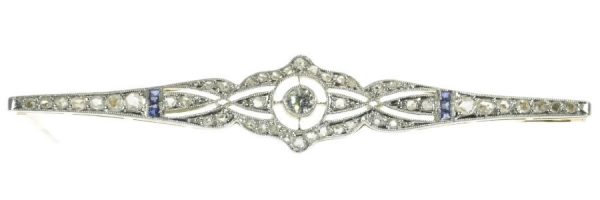 Antique Art Deco Rose Cut Diamond and Sapphire Bar Brooch