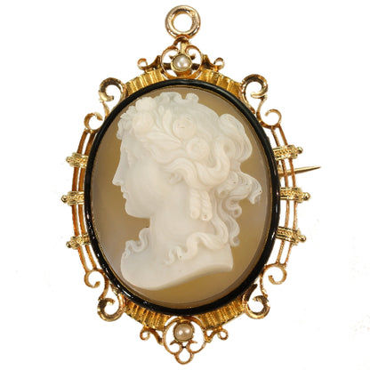Antique Victorian French Hard Stone Cameo Brooch in Elegant Enamelled Mounting