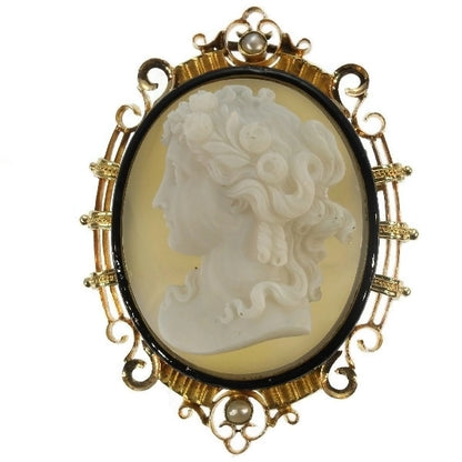 Antique Victorian French Hard Stone Cameo Brooch in Elegant Enamelled Mounting