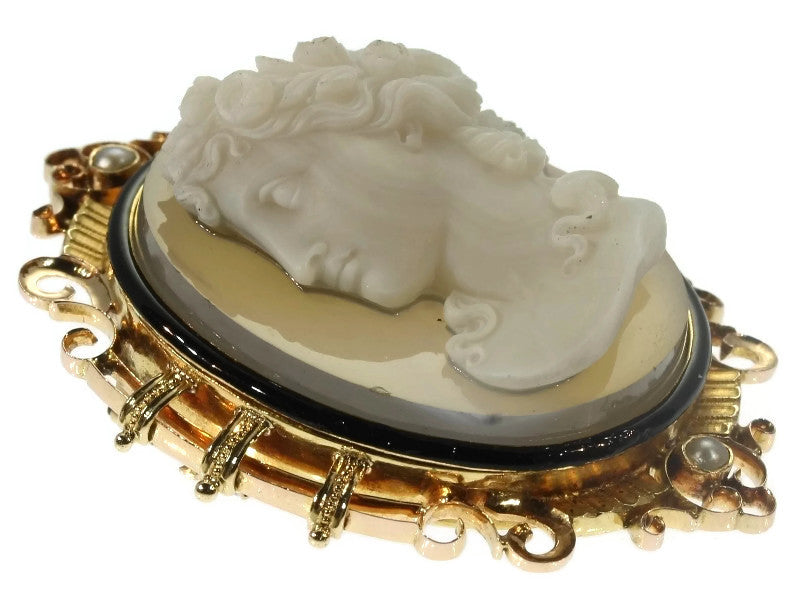 Antique Victorian French Hard Stone Cameo Brooch in Elegant Enamelled Mounting