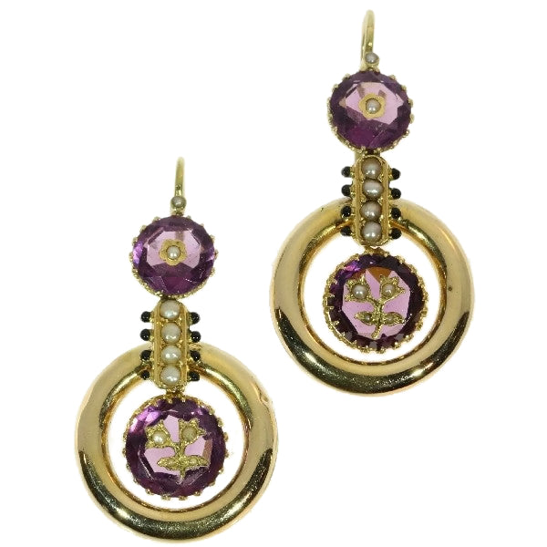 Antique Victorian Amethyst and Seed Pearl Enamelled Pendant Earrings, 18ct Yellow Gold