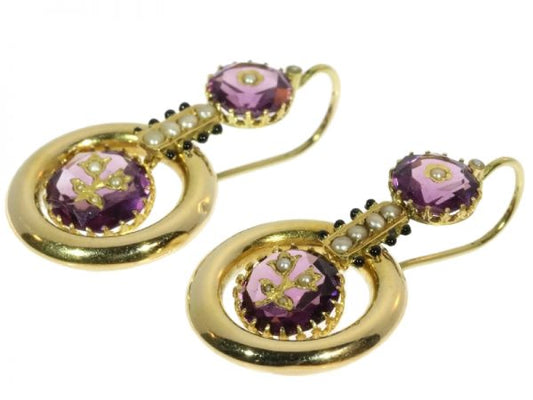 Antique Victorian Amethyst and Seed Pearl Enamelled Pendant Earrings, 18ct Yellow Gold