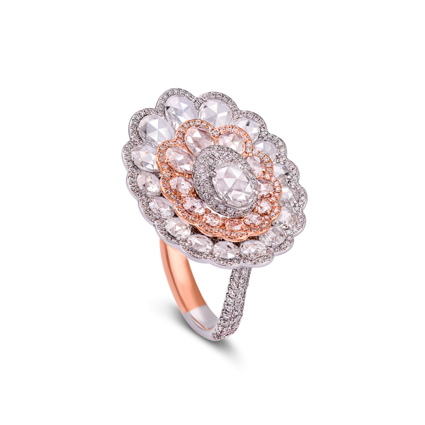 Rose Cut Diamond Flower Cluster Ring; featuring rose cut diamonds set in three floral layers and mounted in two-tone 18ct gold.