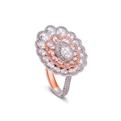 Rose Cut Diamond Flower Cluster Ring; featuring rose cut diamonds set in three floral layers and mounted in two-tone 18ct gold.
