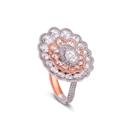 Rose Cut Diamond Flower Cluster Ring; featuring rose cut diamonds set in three floral layers and mounted in two-tone 18ct gold.