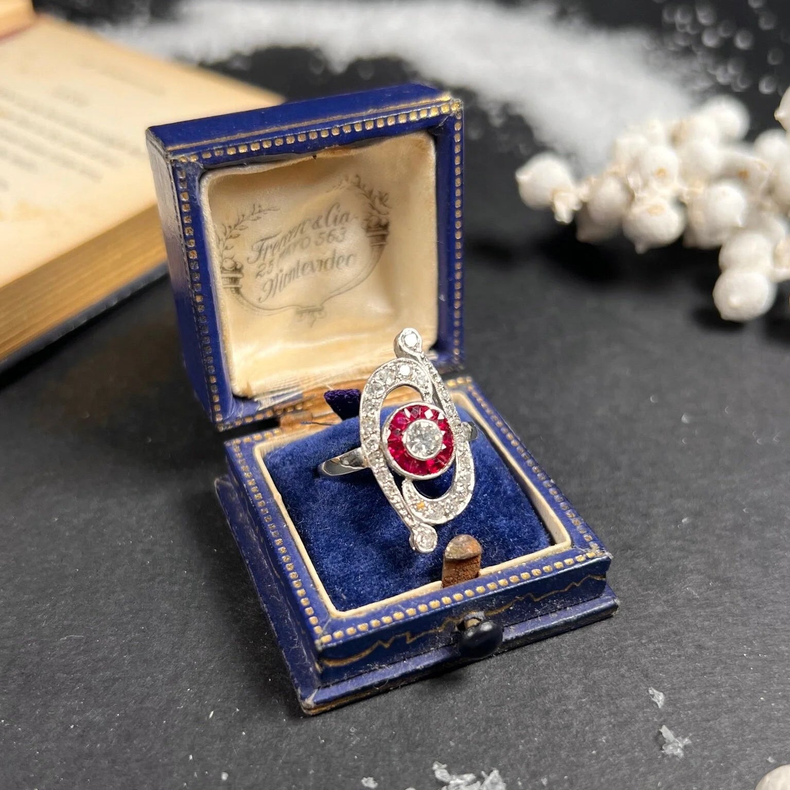 Antique Art Deco Ruby and Diamond Scroll Target Cluster Ring