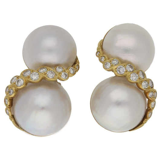Contemporary Mabe Pearl and Diamond Clip On Earrings 18ct Yellow Gold