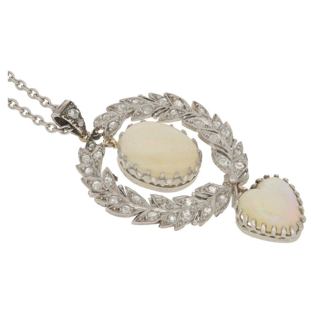 Antique Belle Epoque Opal and Diamond Wreath Pendant in Platinum and Gold