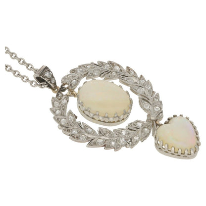 Antique Belle Epoque Opal and Diamond Wreath Pendant in Platinum and Gold
