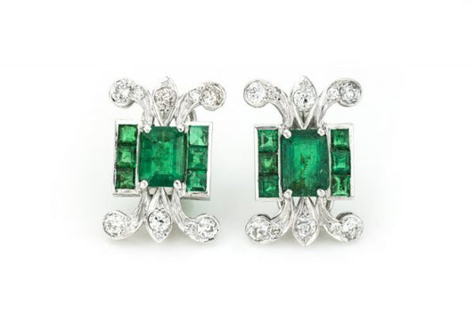3.80ct Natural Colombian Emerald, Diamond and Platinum Earrings, central emerald panel decorated by diamond-set fleur-de-lis. With Certificate