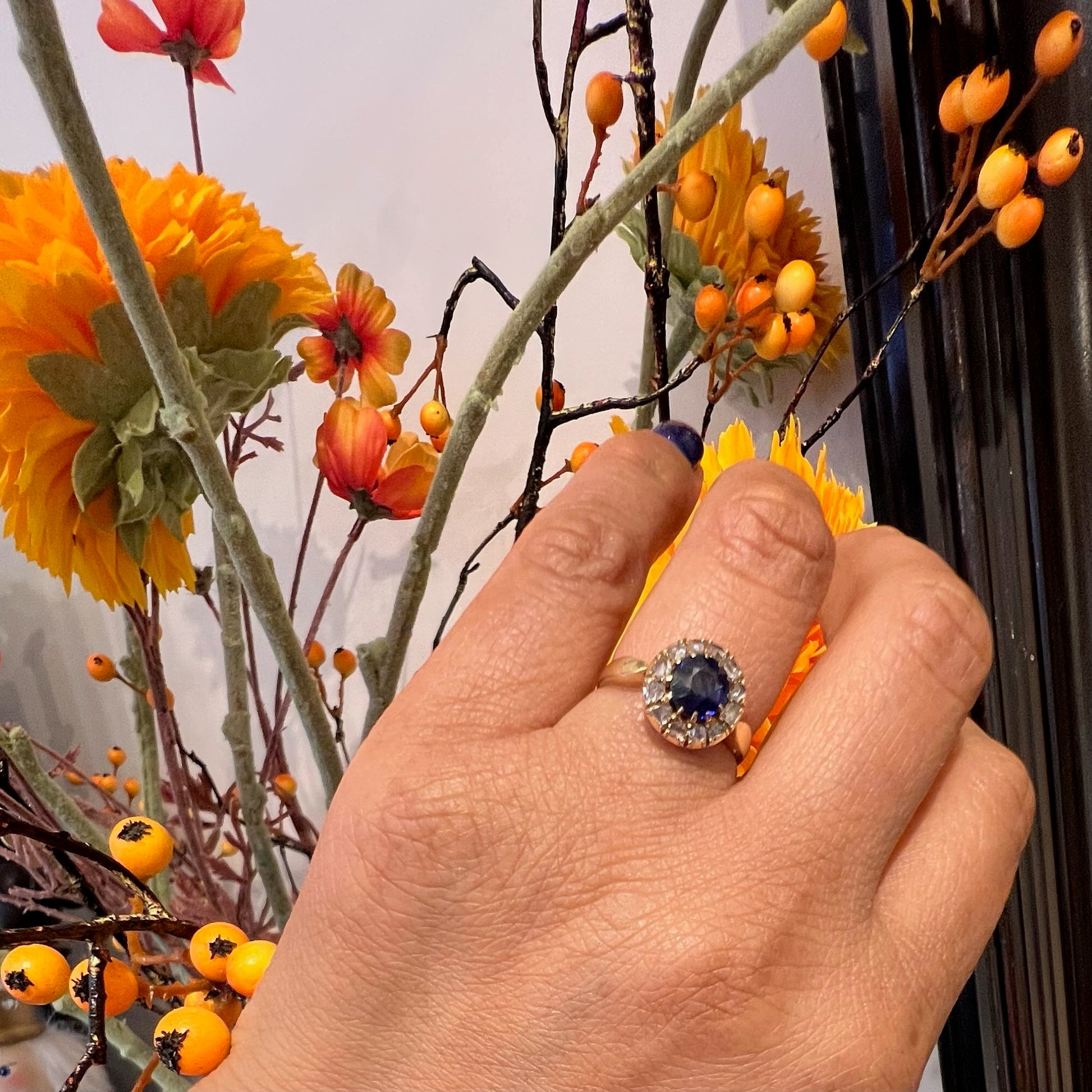 14 Carat Yellow Gold Sapphire and Diamond Cluster Ring, 1.00 Carat