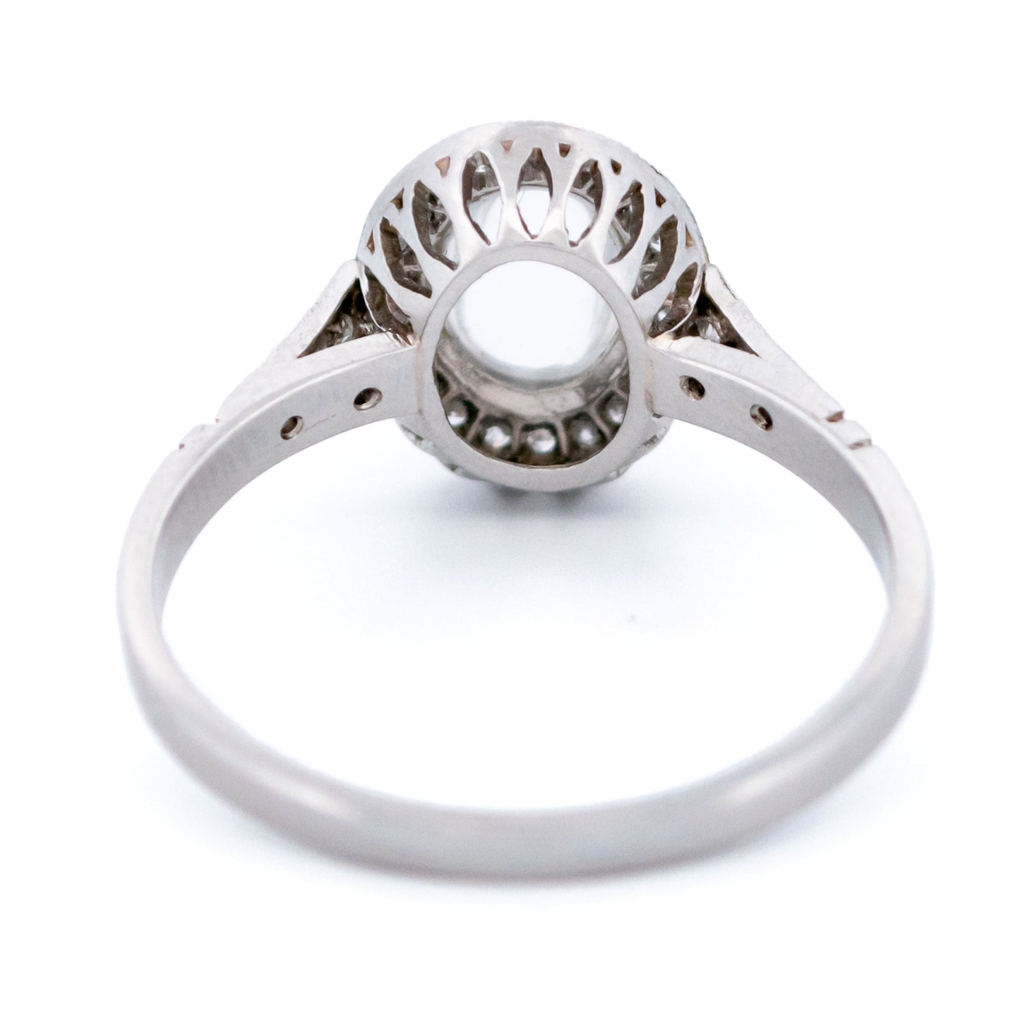 Platinum, Moonstone and Diamond Oval Cluster Ring, 0.70 Carat