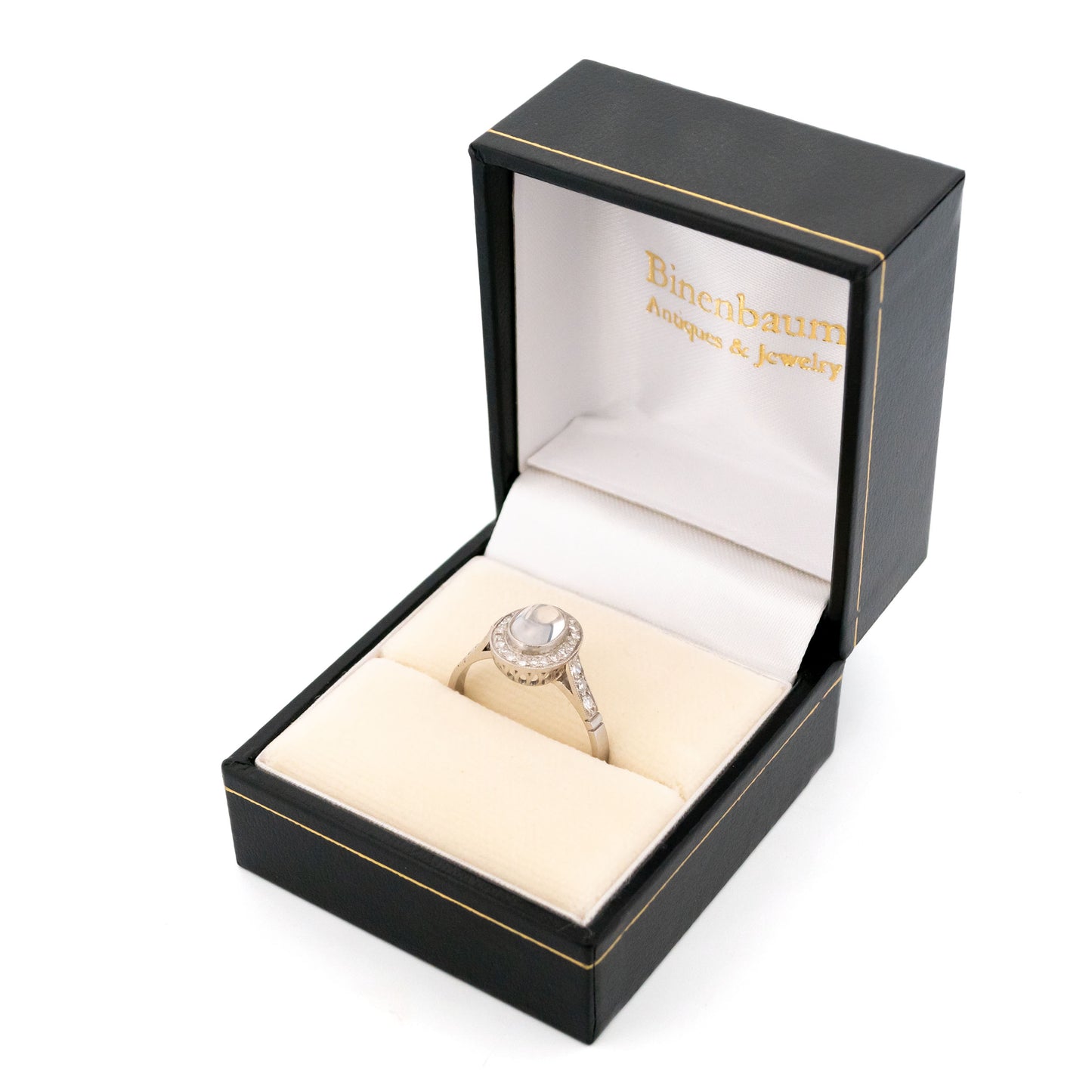 Platinum, Moonstone and Diamond Oval Cluster Ring, 0.70 Carat