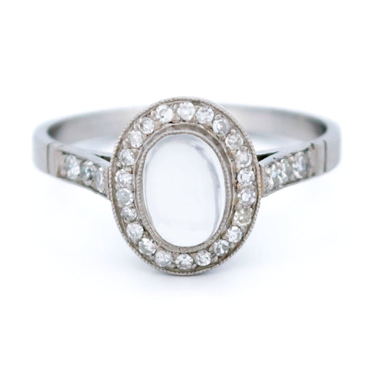 Platinum, Moonstone and Diamond Oval Cluster Ring, 0.70 Carat