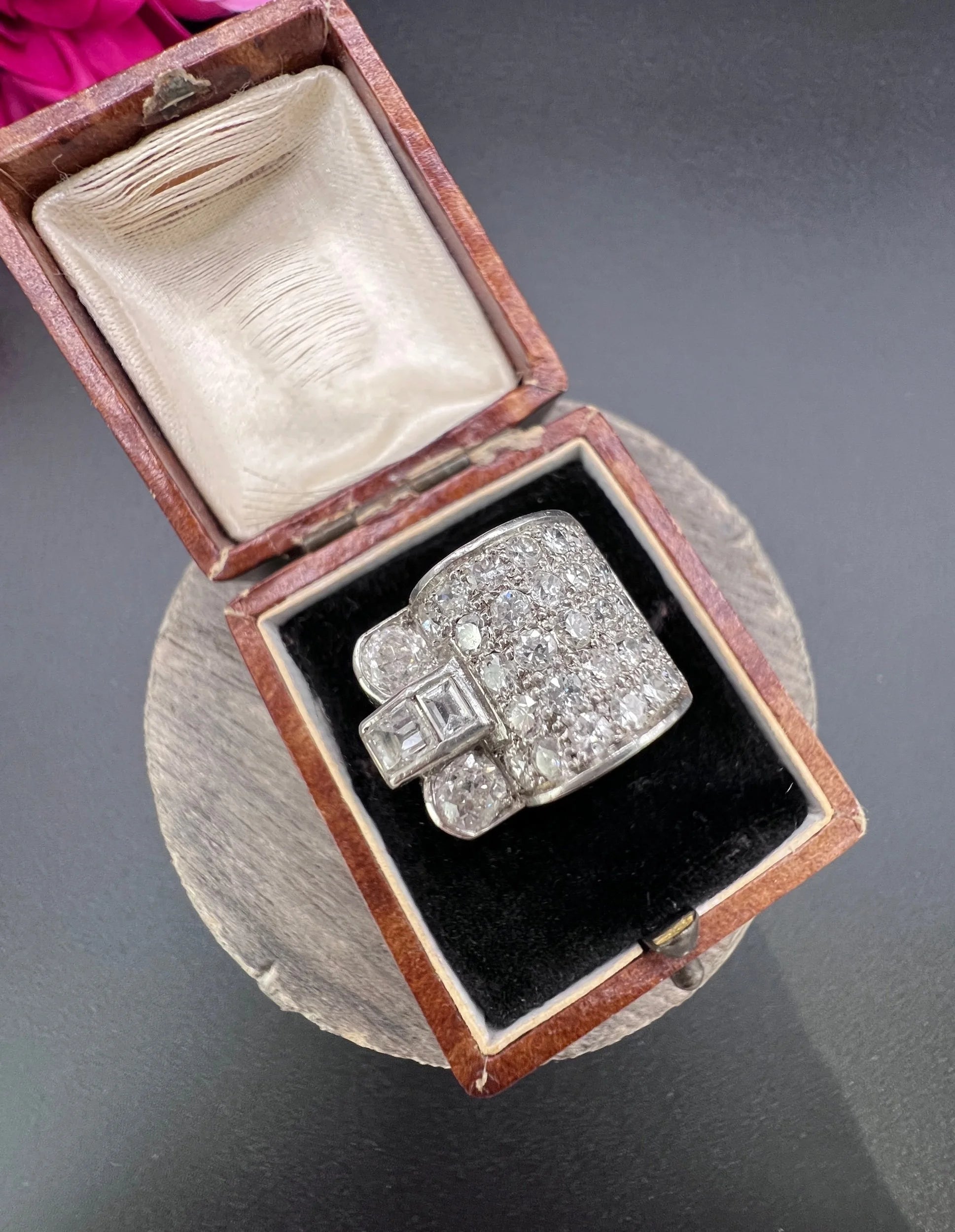 Vintage Platinum Brilliant Cut Diamond Tank Cocktail Ring, Circa 1940