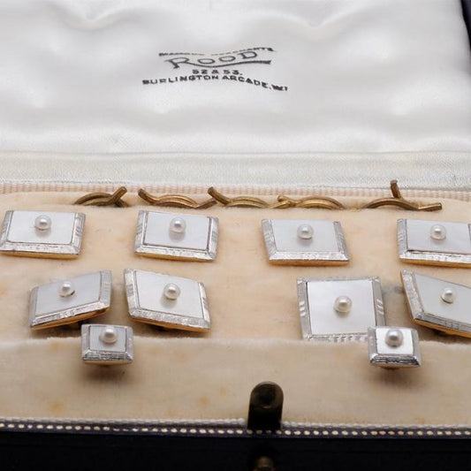 Art Deco Mother of Pearl and Seed Pearl Cufflink and Stud Dress Set