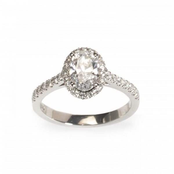 Diamond Oval Cluster Engagement Ring, central certified 1.00ct D colour VS2 oval brilliant-cut diamond, with diamond halo surround and diamond-set shoulders, in platinum