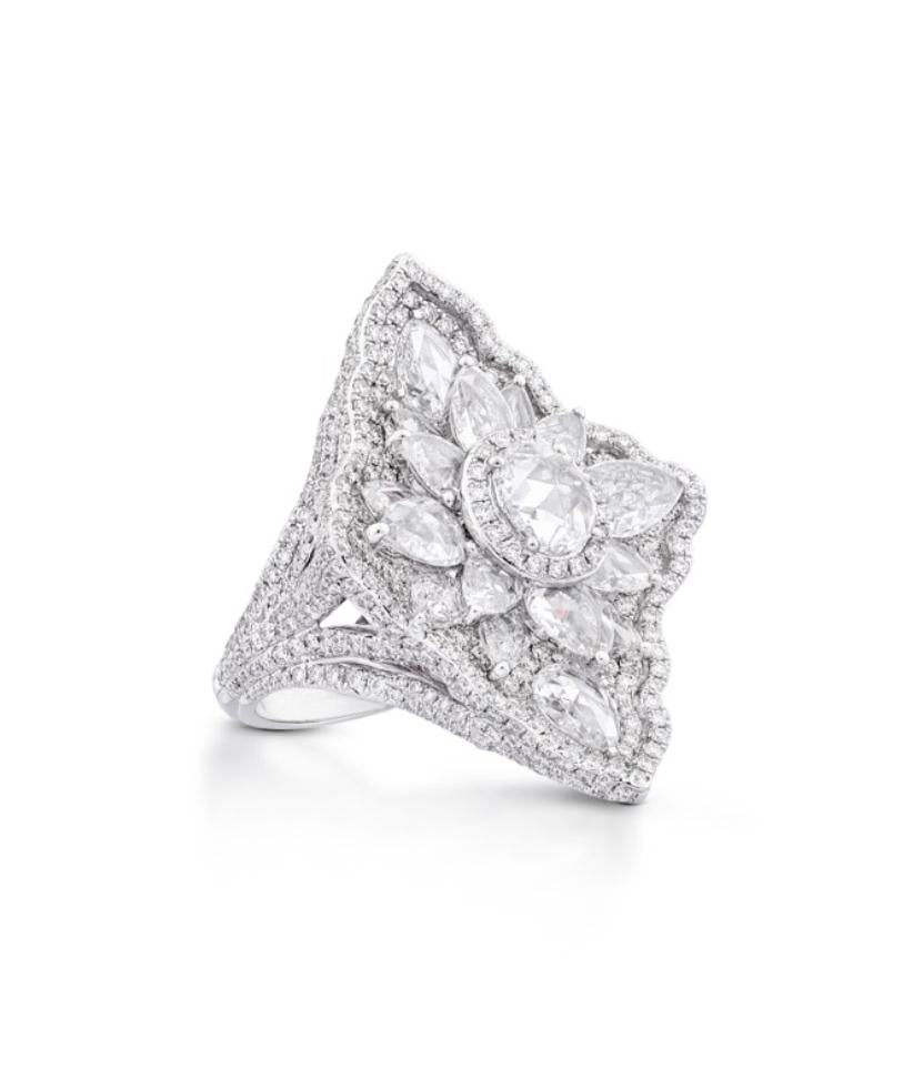 Rose Cut Diamond Geometric Dress Ring, 5.32 carats, 18ct White Gold