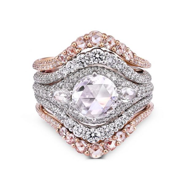 Rose Cut Diamond Pave Stacking Ring, 3.11 Carat Total, 18ct Gold