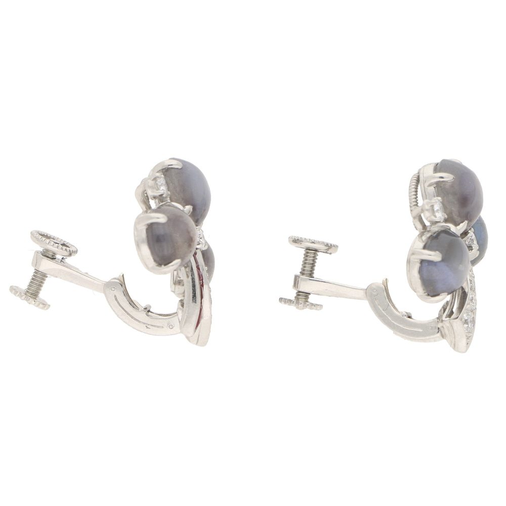 Sapphire, diamond and ruby clover stud earrings set in platinum