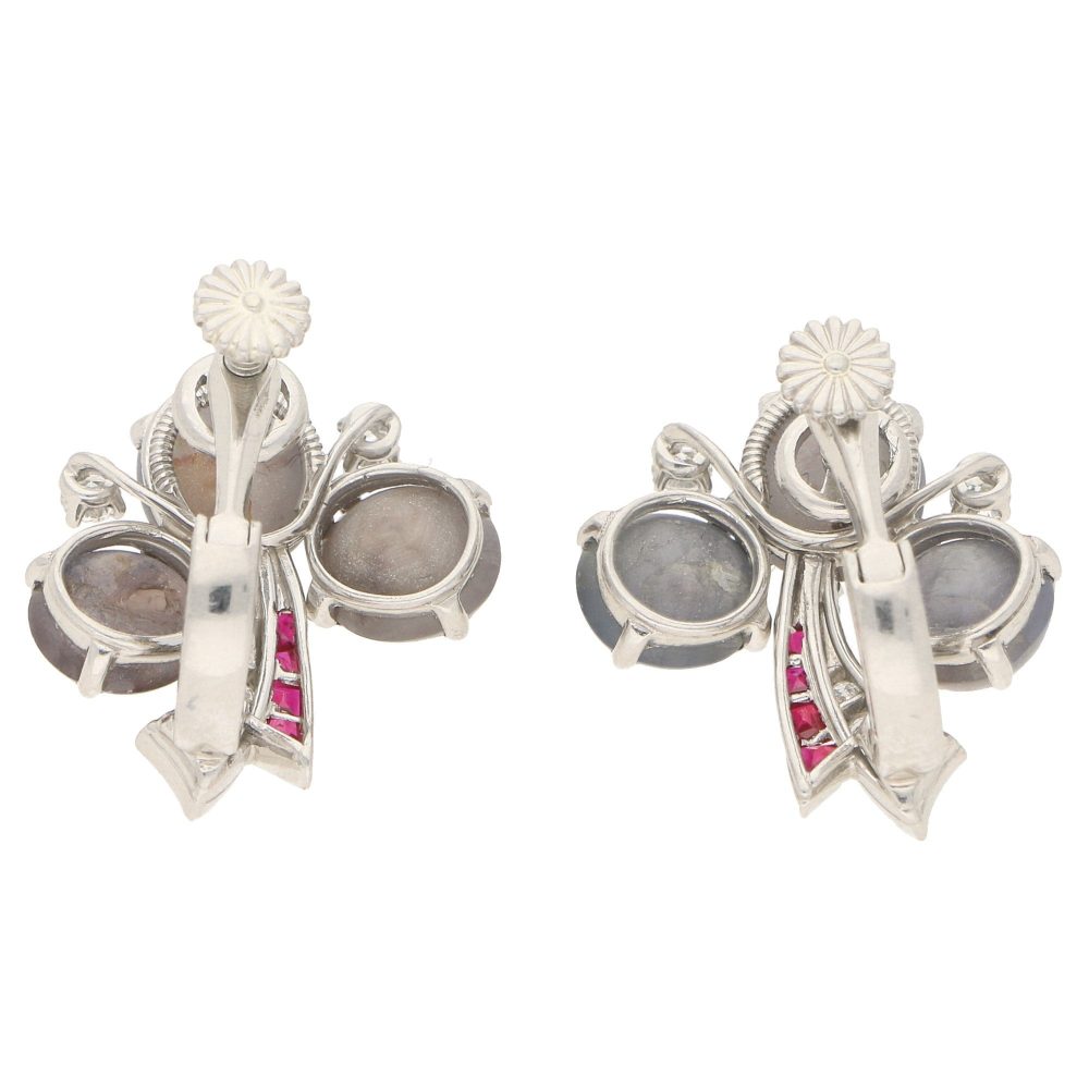 Sapphire, diamond and ruby clover stud earrings set in platinum