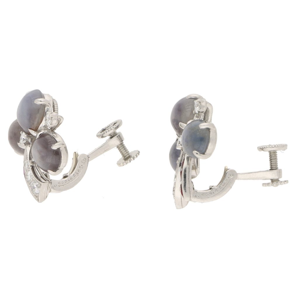Sapphire, diamond and ruby clover stud earrings set in platinum