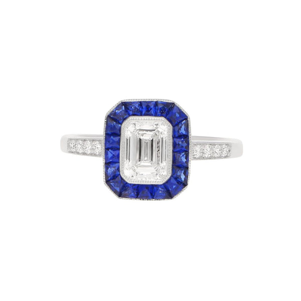 Art Deco Style Emerald Cut Diamond and Sapphire Target Ring in Platinum