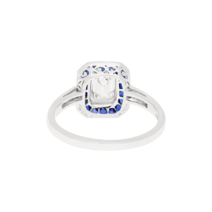 Art Deco Style Emerald Cut Diamond and Sapphire Target Ring in Platinum