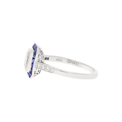 Art Deco Style Emerald Cut Diamond and Sapphire Target Ring in Platinum