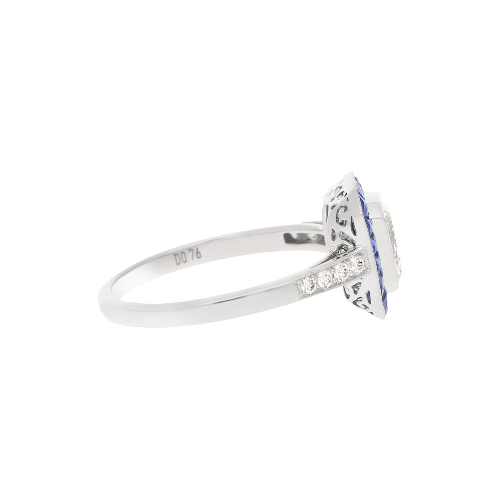 Art Deco Style Emerald Cut Diamond and Sapphire Target Ring in Platinum
