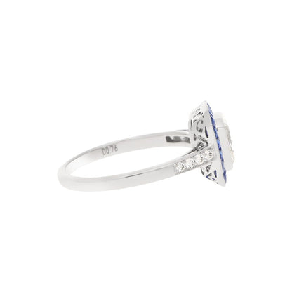 Art Deco Style Emerald Cut Diamond and Sapphire Target Ring in Platinum