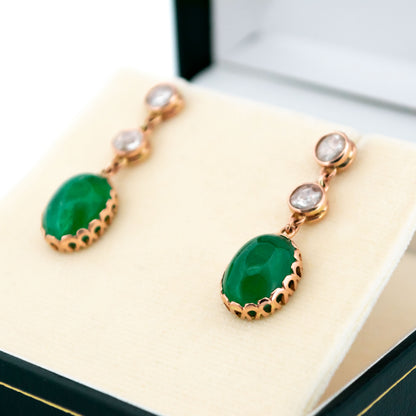 14 Carat Gold Emerald and Rose-Cut Diamond Drop Earrings, 6.82 Carats