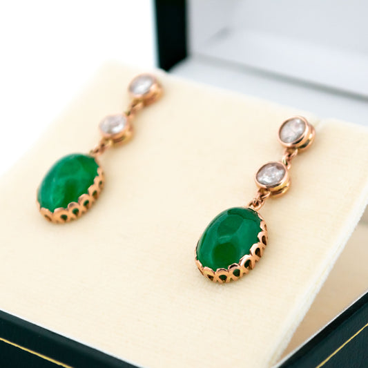 14 Carat Gold Emerald and Rose-Cut Diamond Drop Earrings, 6.82 Carats