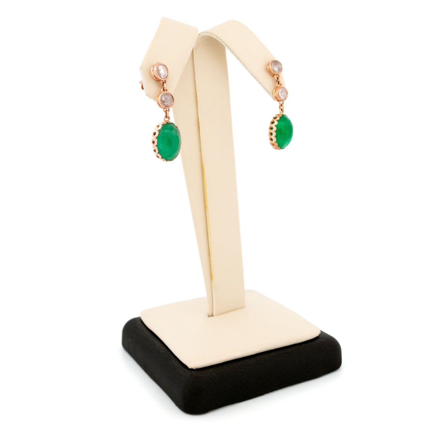 14 Carat Gold Emerald and Rose-Cut Diamond Drop Earrings, 6.82 Carats
