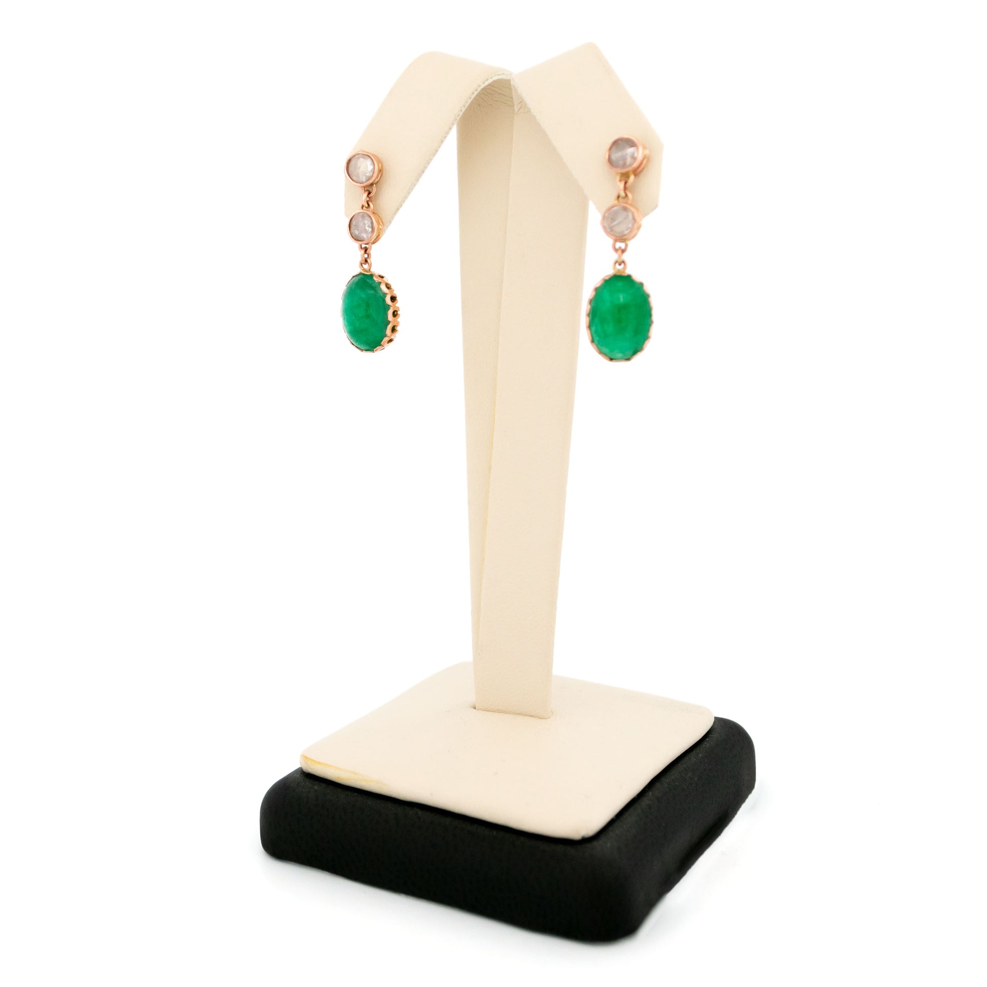 14 Carat Gold Emerald and Rose-Cut Diamond Drop Earrings, 6.82 Carats