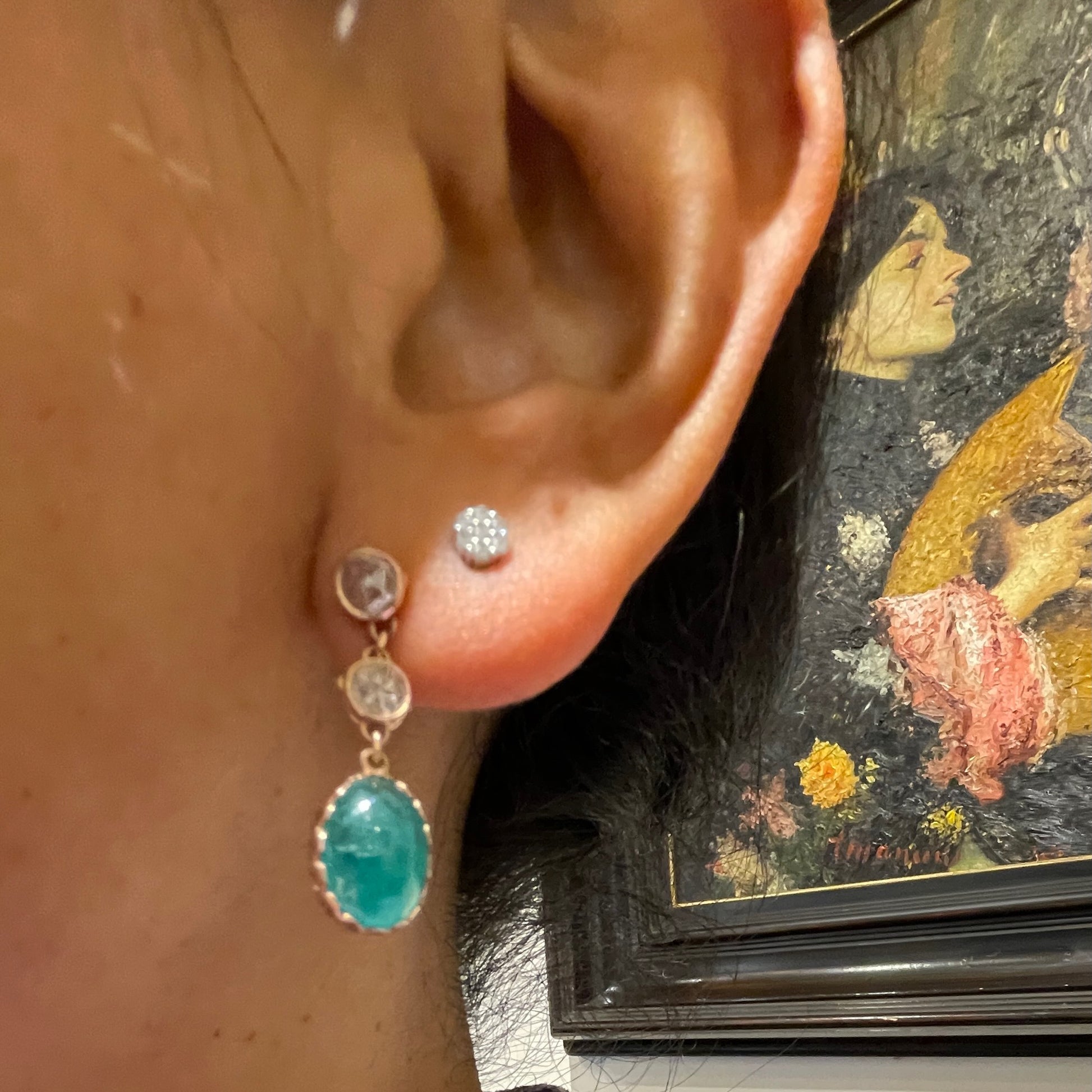 14 Carat Gold Emerald and Rose-Cut Diamond Drop Earrings, 6.82 Carats