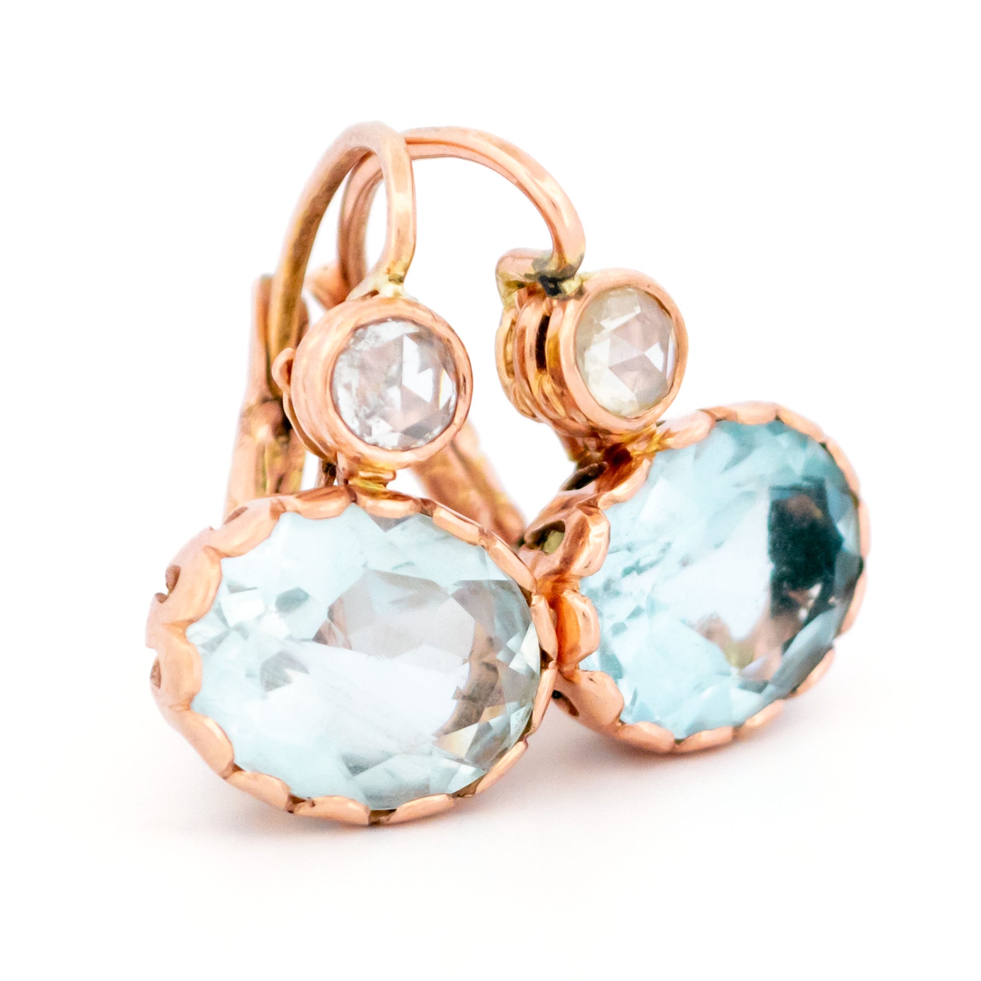 Vintage 14 Carat Rose Gold Aquamarine and Diamond Earrings, 4.00 Carats