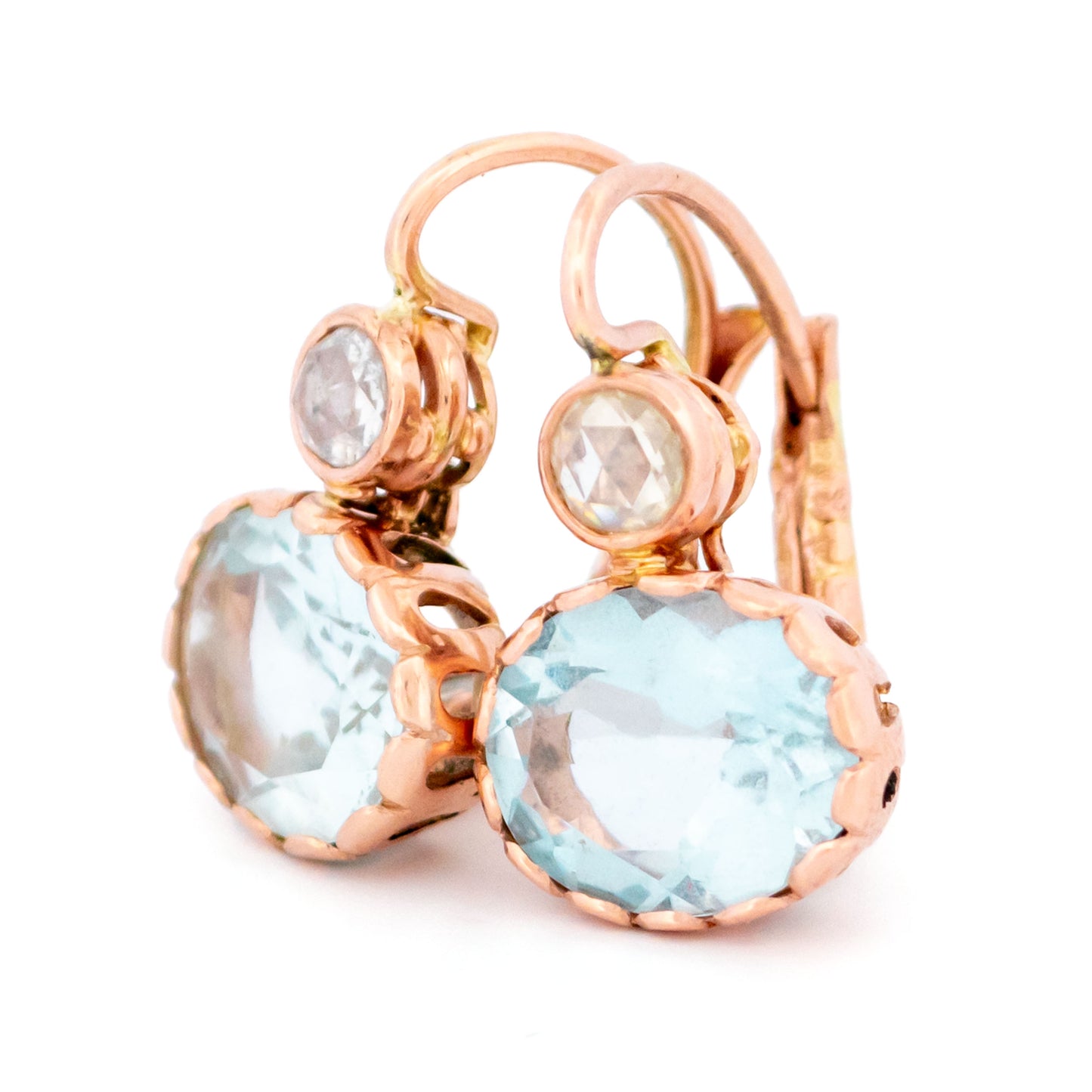 Vintage 14 Carat Rose Gold Aquamarine and Diamond Earrings, 4.00 Carats
