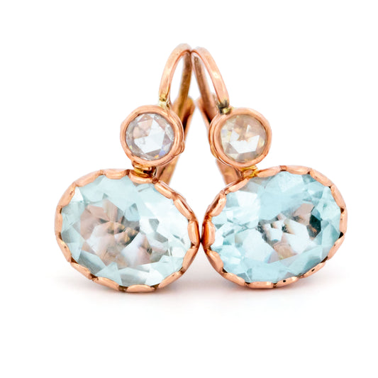 Vintage 14 Carat Rose Gold Aquamarine and Diamond Earrings, 4.00 Carats