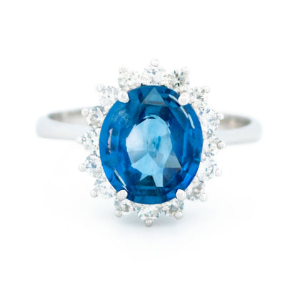 18 Carat White Gold Sapphire and Diamond Oval Cluster Ring, 3.02 Carats