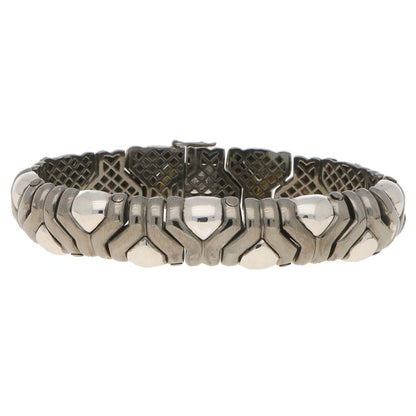 Vintage Italian Aztec Style Mosaic Bracelet in Black and White Gold; articulated links composed of Y-shape black gold sections with white gold accents