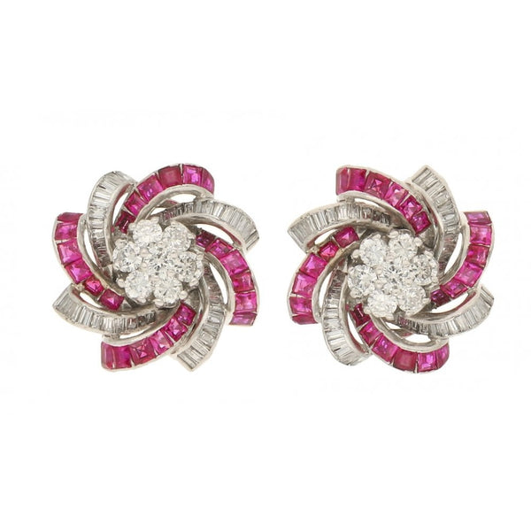 3.60ct Diamond and Calibre Cut Ruby Swirl Clip Earrings in White Gold