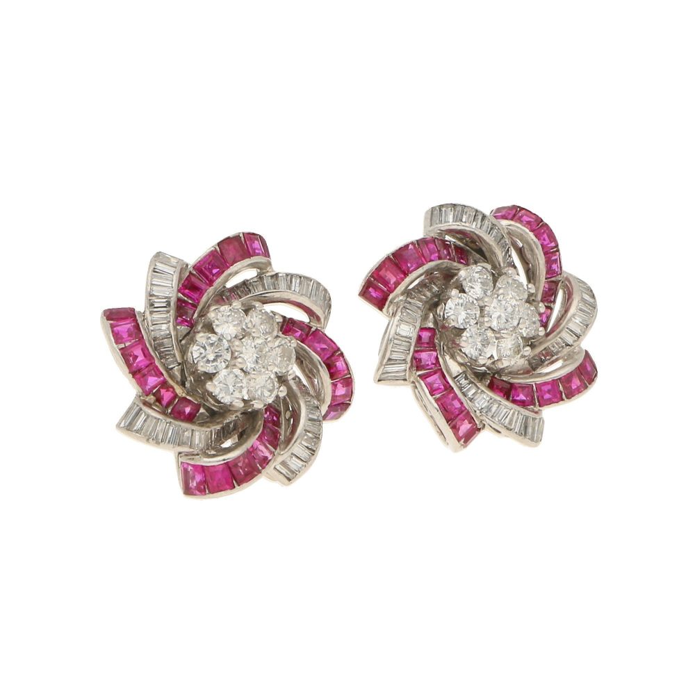 3.60ct Diamond and Calibre Cut Ruby Swirl Clip Earrings in White Gold