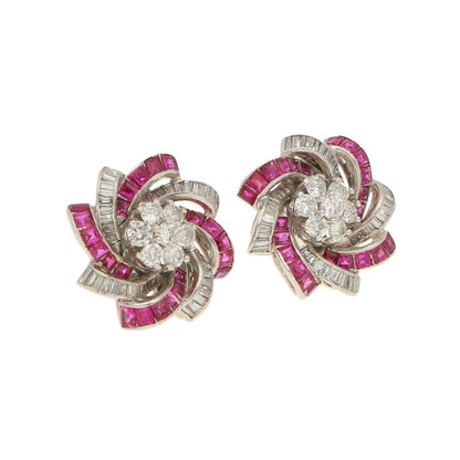 3.60ct Diamond and Calibre Cut Ruby Swirl Clip Earrings in White Gold