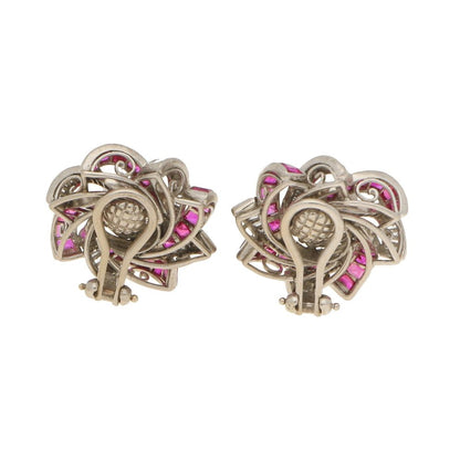 3.60ct Diamond and Calibre Cut Ruby Swirl Clip Earrings in White Gold
