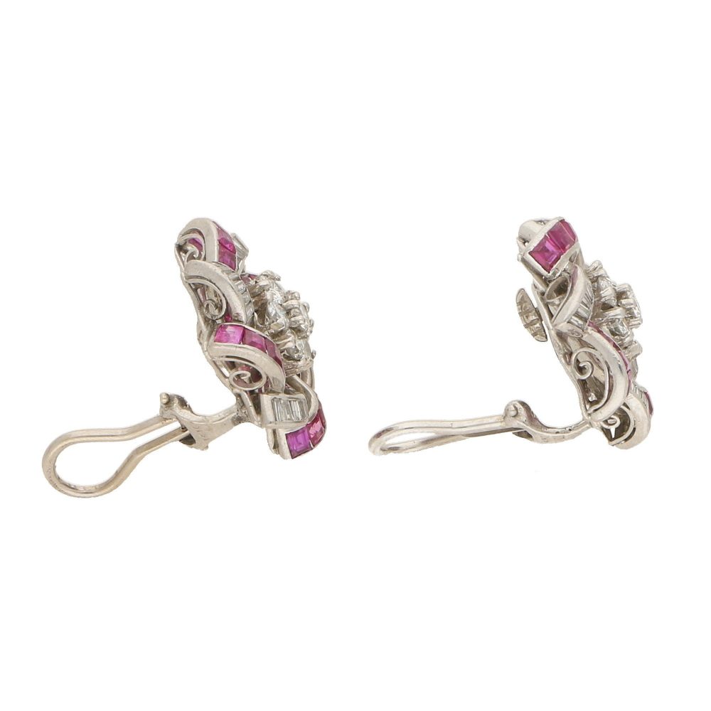 3.60ct Diamond and Calibre Cut Ruby Swirl Clip Earrings in White Gold