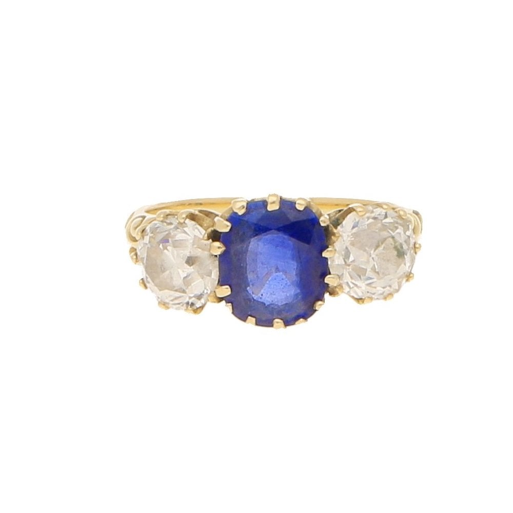 Antique Victorian Cornflower Blue Sapphire and Diamond Three Stone Ring