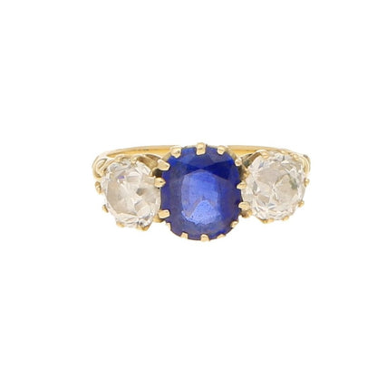 Antique Victorian Cornflower Blue Sapphire and Diamond Three Stone Ring